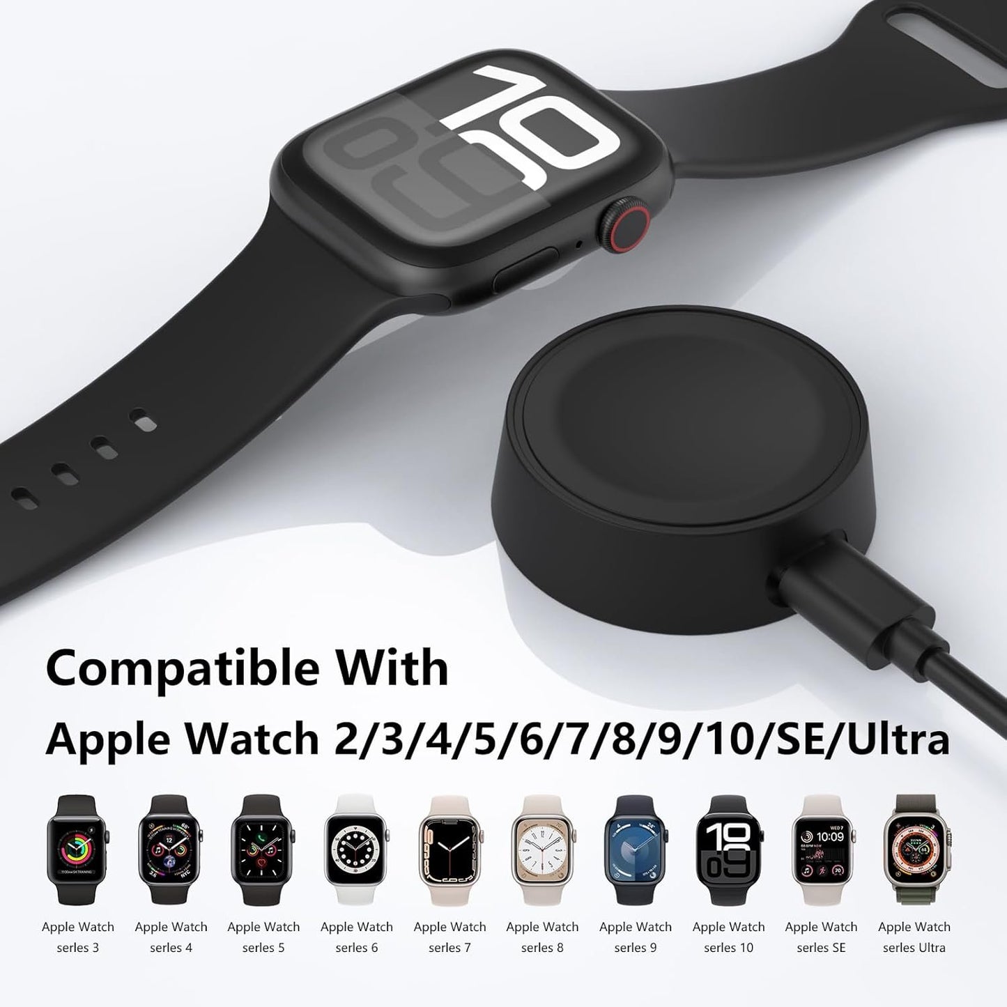 Leonids Magnetic Charger for Apple Watch, USB-C Portable Travel Wireless Cordless Charging Dock for iWatch Series 10 9 8 7 6 5 4 3 2 1 Ultra 1 2/SE 1 2 (Black)