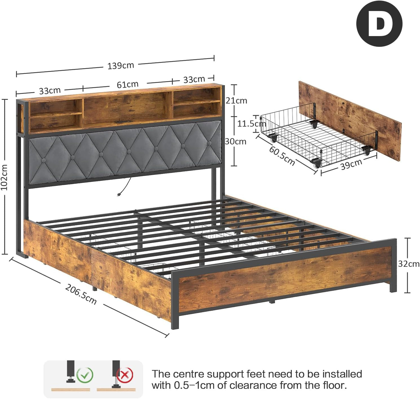 Ufurniture Double Bed Frame Industrial, Mattress Base with 4 Storage Drawers, USB Ports and Storage Headboard