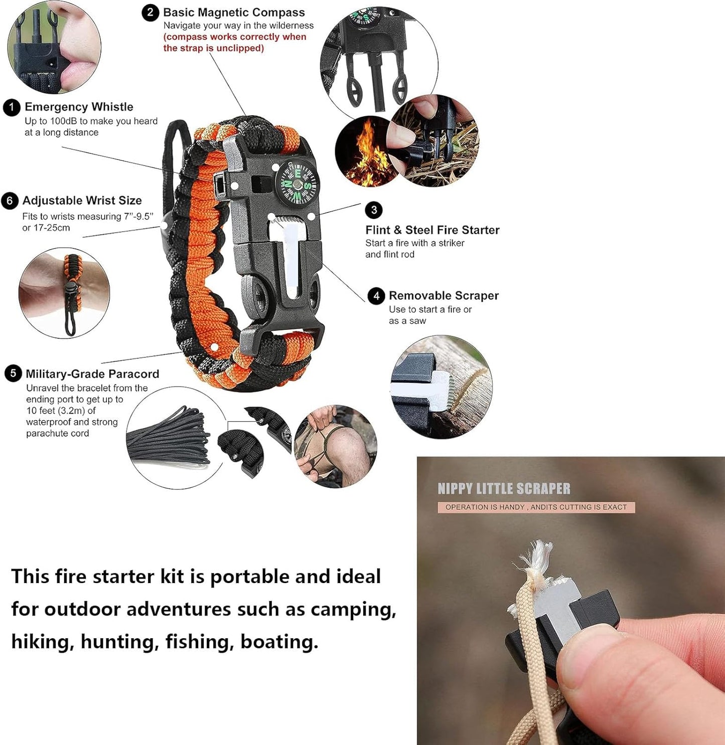 6 Pack Paracord Survival Bracelet, multitools, fire starter, compass, and whistle. Perfect for hiking, camping, fishing and hunting gear emergency kit.(Orange and black, black, army green, 2 pieces each)