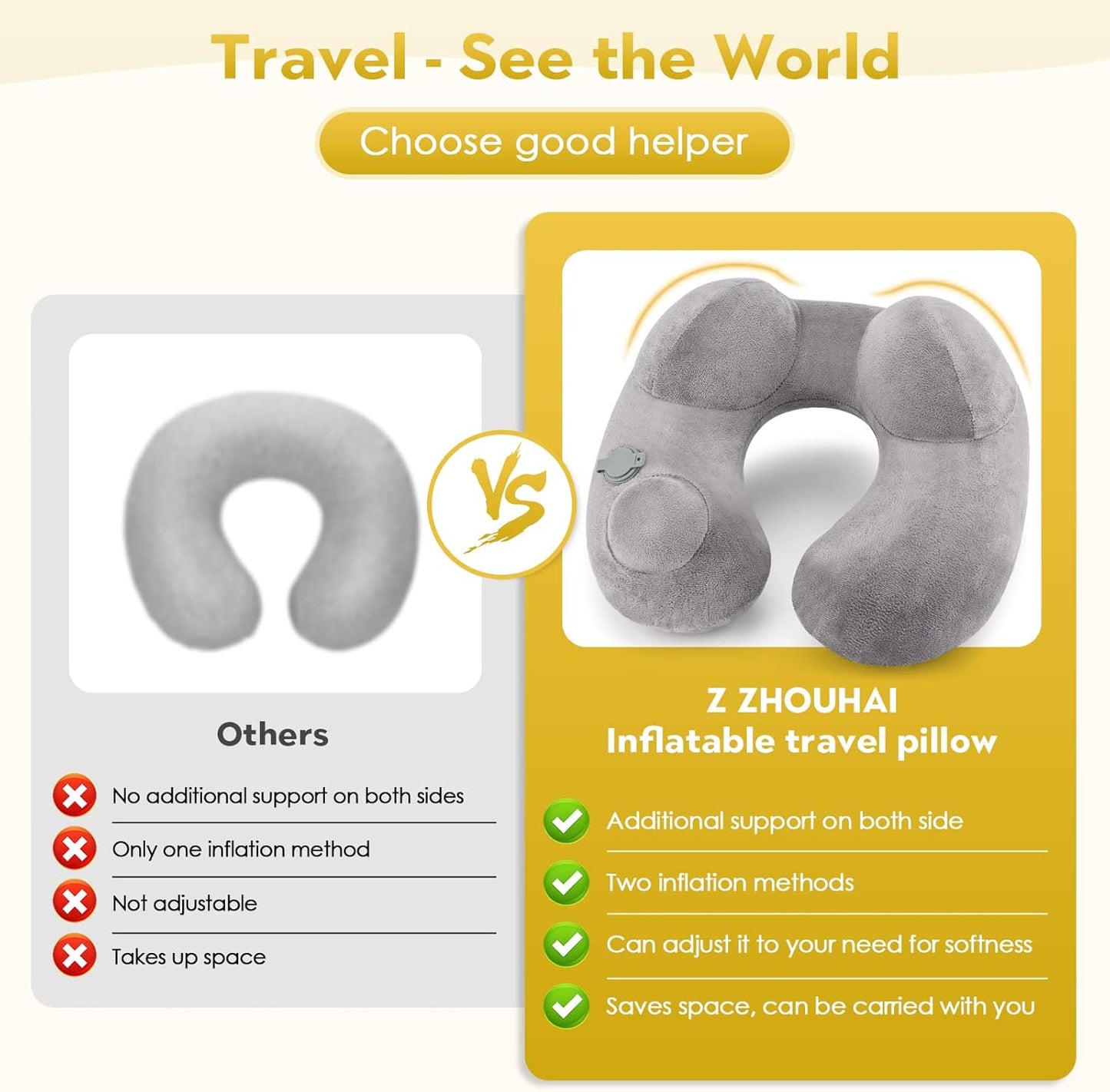 Z ZHOUHAI Travel Pillow, Travel Neck Pillow for Airplane, Car, Office and Home, Inflatable Travel Pillow for Sleeping