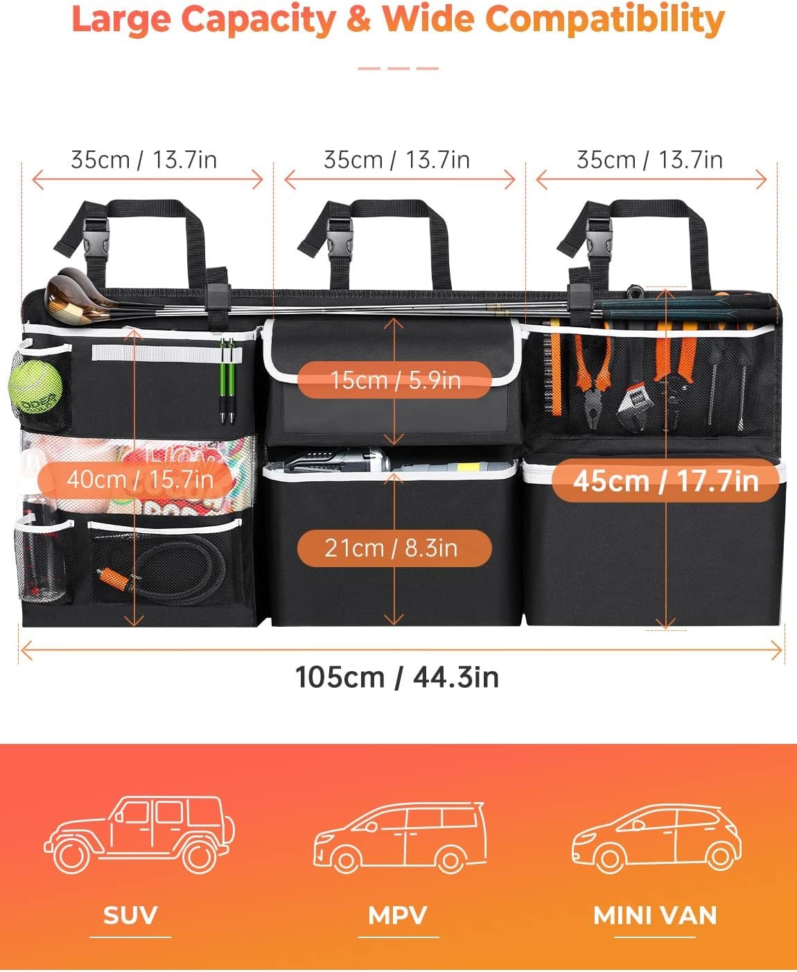 Oasser Car Storage Organizer New Version, Hanging Trunk Organizer with 10 Different Functional Storage Bags, Car Automotive Accessories Trunk Organizer for SUV Truck MPV VAN