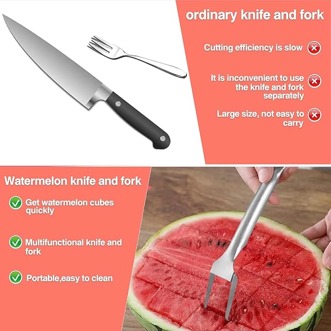 Watermelon Cutter，2-in-1 Stainless Steel Fruit Cutter, 2025 New Upgrade Dual Head Watermelon Fork Slicer Tool, Summer Fruit Cutting Home Kitchen Gadgets (2Pcs)