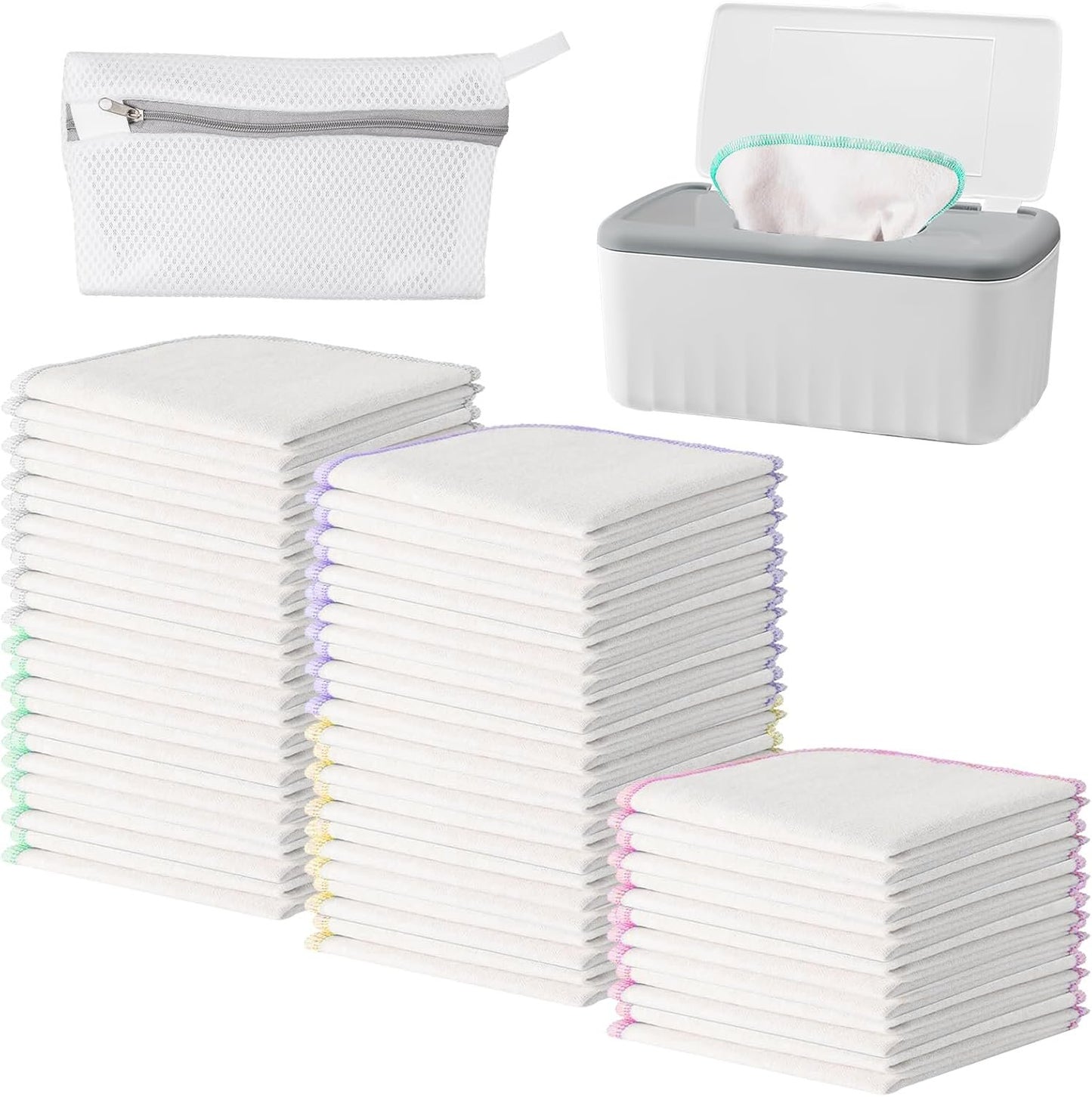 100 Pack Flannel Cloth Baby Wipes with Dispenser Reusable Baby Wipes Washable Natural Soft and Skin-Friendly Cloth Wipes Reusable Tissues Hand Washcloth for Cloth Diapers 8x8 Inch