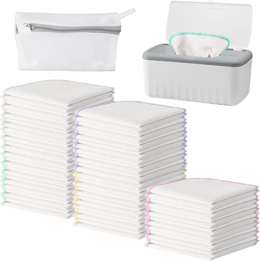 100 Pack Flannel Cloth Baby Wipes with Dispenser Reusable Baby Wipes Washable Natural Soft and Skin-Friendly Cloth Wipes Reusable Tissues Hand Washcloth for Cloth Diapers 8x8 Inch