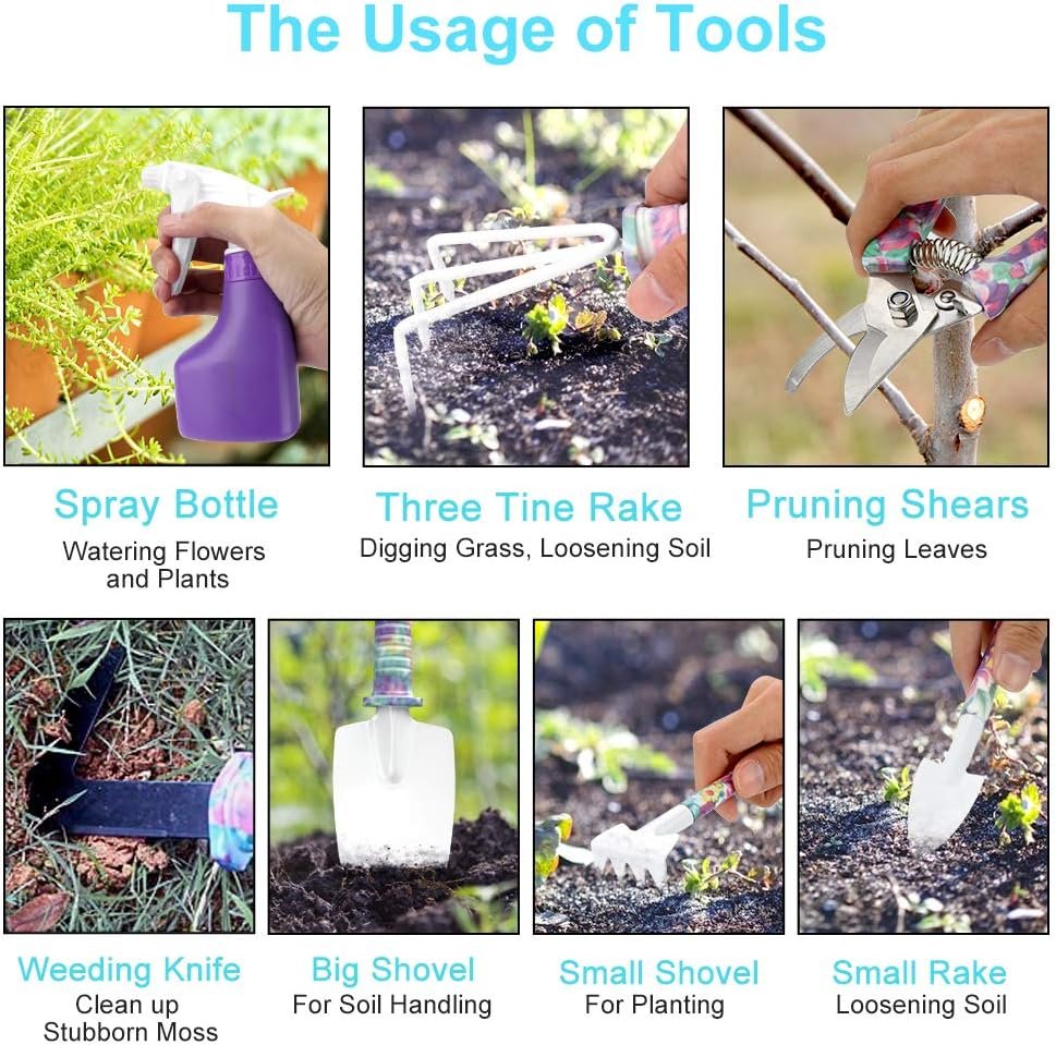 Garden Tool Set, Jhua 10 Pieces Gardening Tools with Carrying Case, Ergonomic Handle Trowel Rake Weeder Pruner Shears Sprayer, Garden Hand Tools Gardening Gifts for Women Men (Purple)