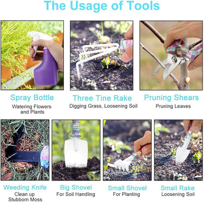 Garden Tool Set, Jhua 10 Pieces Gardening Tools with Carrying Case, Ergonomic Handle Trowel Rake Weeder Pruner Shears Sprayer, Garden Hand Tools Gardening Gifts for Women Men (Purple)