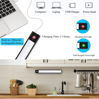Closet Light, Coolqiya Led Under Cabinet Lighting, Rechargeable Motion Sensor Closet Light Under Cabinet Magnet Wireless Stick-Anywhere Night Light Bar for Wardrobe, Stairs, Kitchen (30cm Black 1pc)