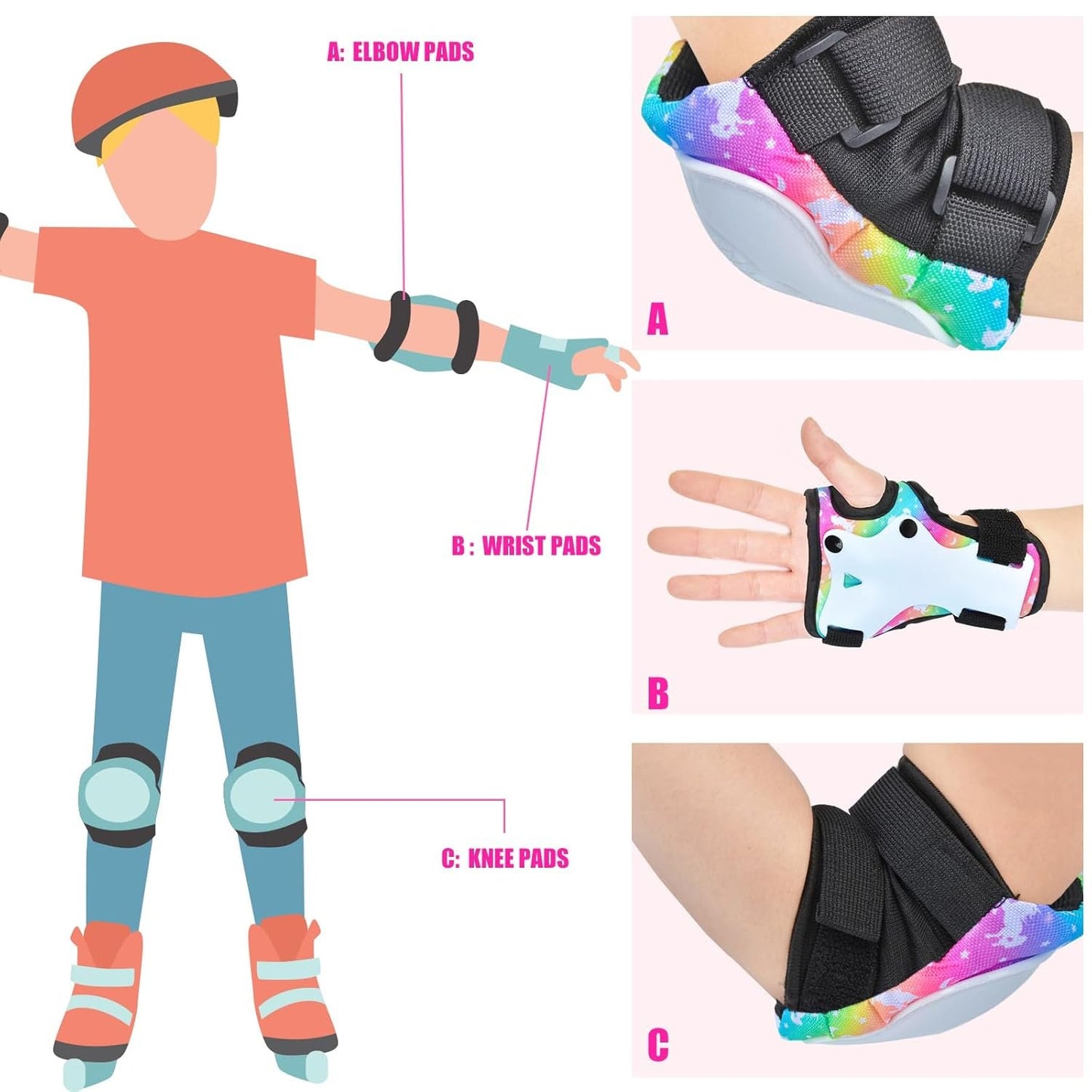 AuSletie 7 in 1 Kids Protective Gear Set for 3-8 Years, Kids Girls Knee Pads and Elbow Pads with Wrist Guards and Portable Mesh Bag for Skateboard, Roller Skating,Bicycle, Scooter, Cycling
