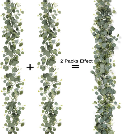 Eucalyptus Garland With White Flowers, 4 Packs 180cm Silver Dollar Eucalyptus Boxwood Gypsophila Vines for Wedding Party Mantle Table Runner Home Decor