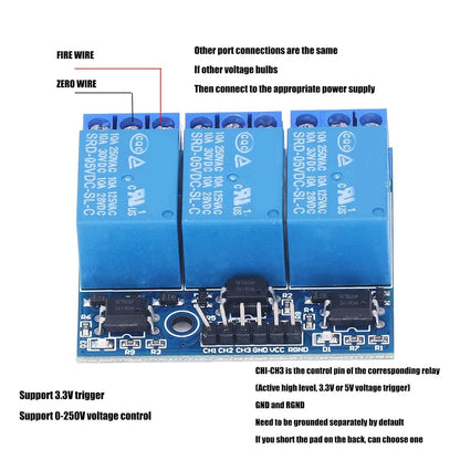 3 Channel Relay Module High Voltage Relay Board Isolated Optocoupler High Low Level Control for Home Automation (5v (3.3V Compatible))