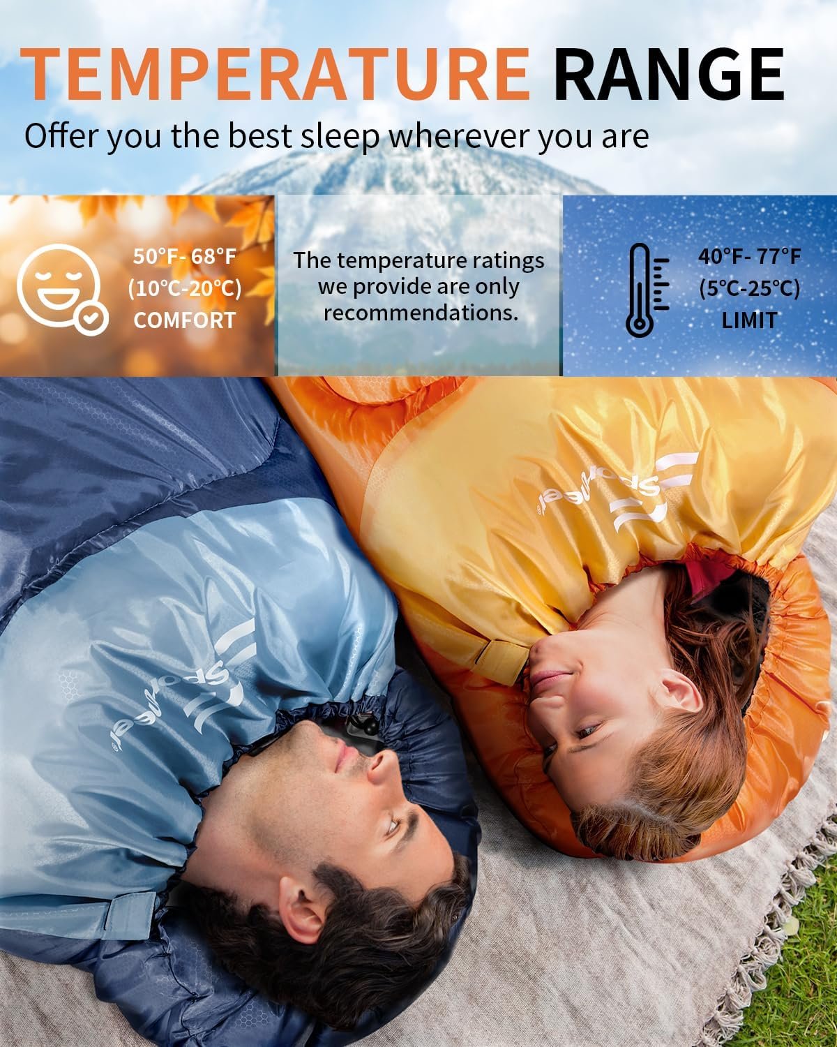 Sleeping Bag, Sportneer Sleeping Bags for Adults Kids 3 Seasons Warm Cold Weather Waterproof Lightweight Camping Sleeping Bag for Adults Kids Boys Girls Teens Camping Hiking Backpacking Outdoor Travel