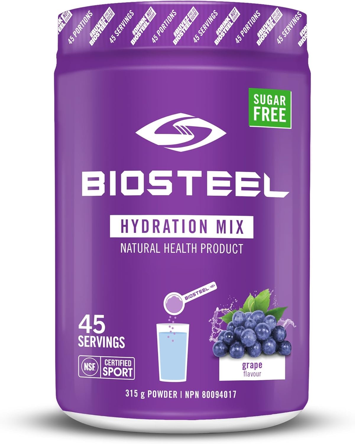 BioSteel Hydration Mix, Great Tasting Hydration with Zero Sugar, and No Artificial Flavours or Preservatives, Grape Flavour, 45 Servings per Tub