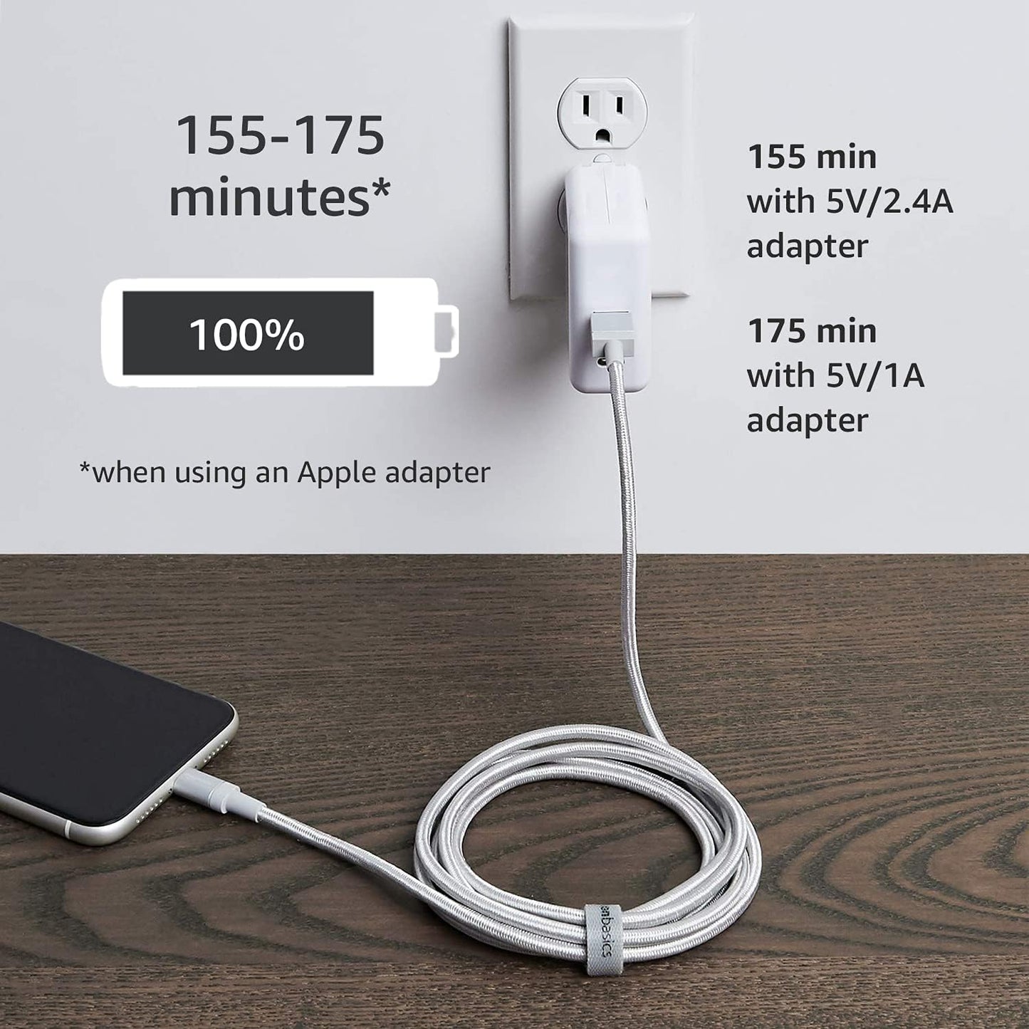 Amazon Basics Lightning to USB-A Charging Cable, MFi Certified Nylon Braided iPhone Charging Cable, Silver, 1.8m