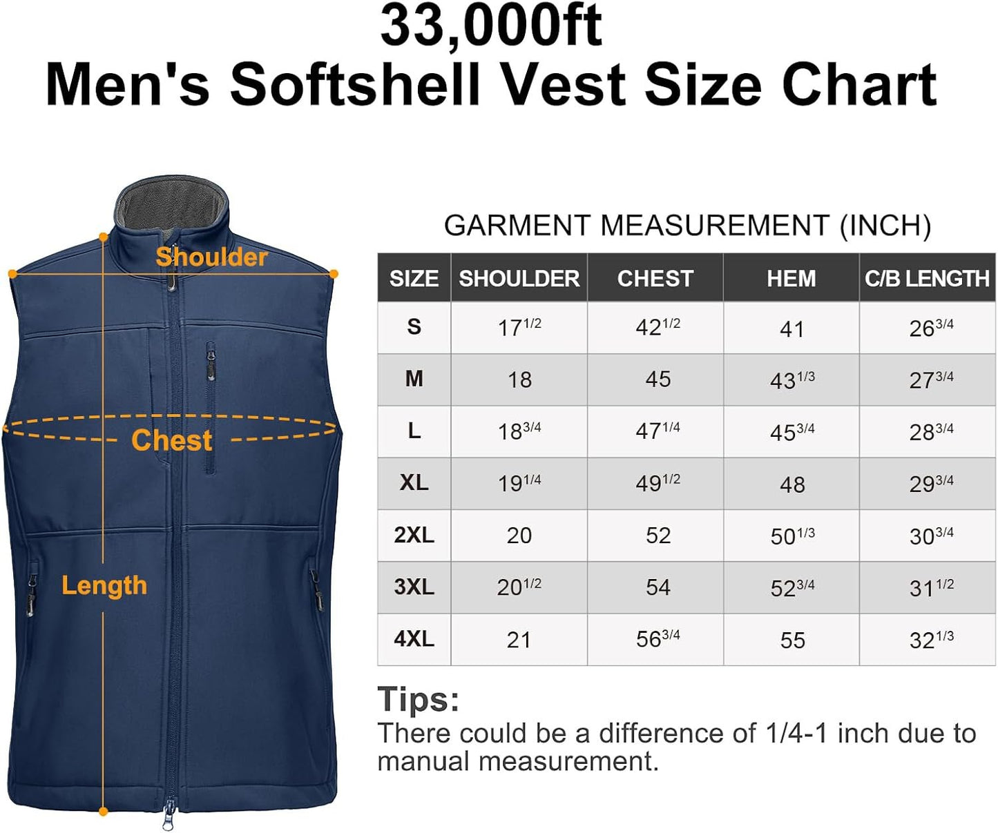 33,000ft Men's Lightweight Softshell Vest Fleece Lined Outerwear Gilet with 7 Pockets Zip Up Windproof Sleeveless Jacket Lightweight Outdoor Work Vest for Travel Golf Running Hiking