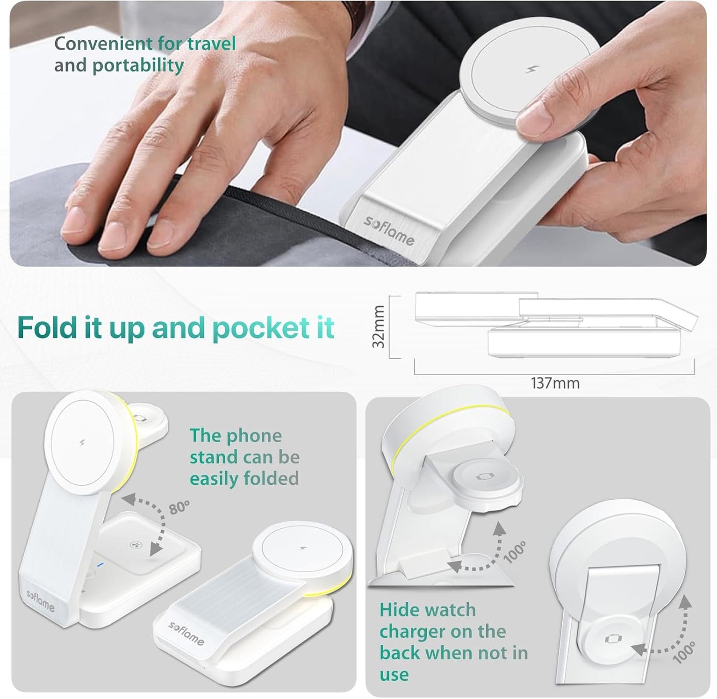 Foldable 3 in 1 Wireless Charger for MagSafe iPhone, Soflame 3 in 1 Magsafe Wireless Charger, Compatible with iPhone16/15/14/13/12, iWatch10/9/Ultra2/8/Ultra/SE2/7/6/SE/5/4/3, AirPods2/3/4 Pro (White)