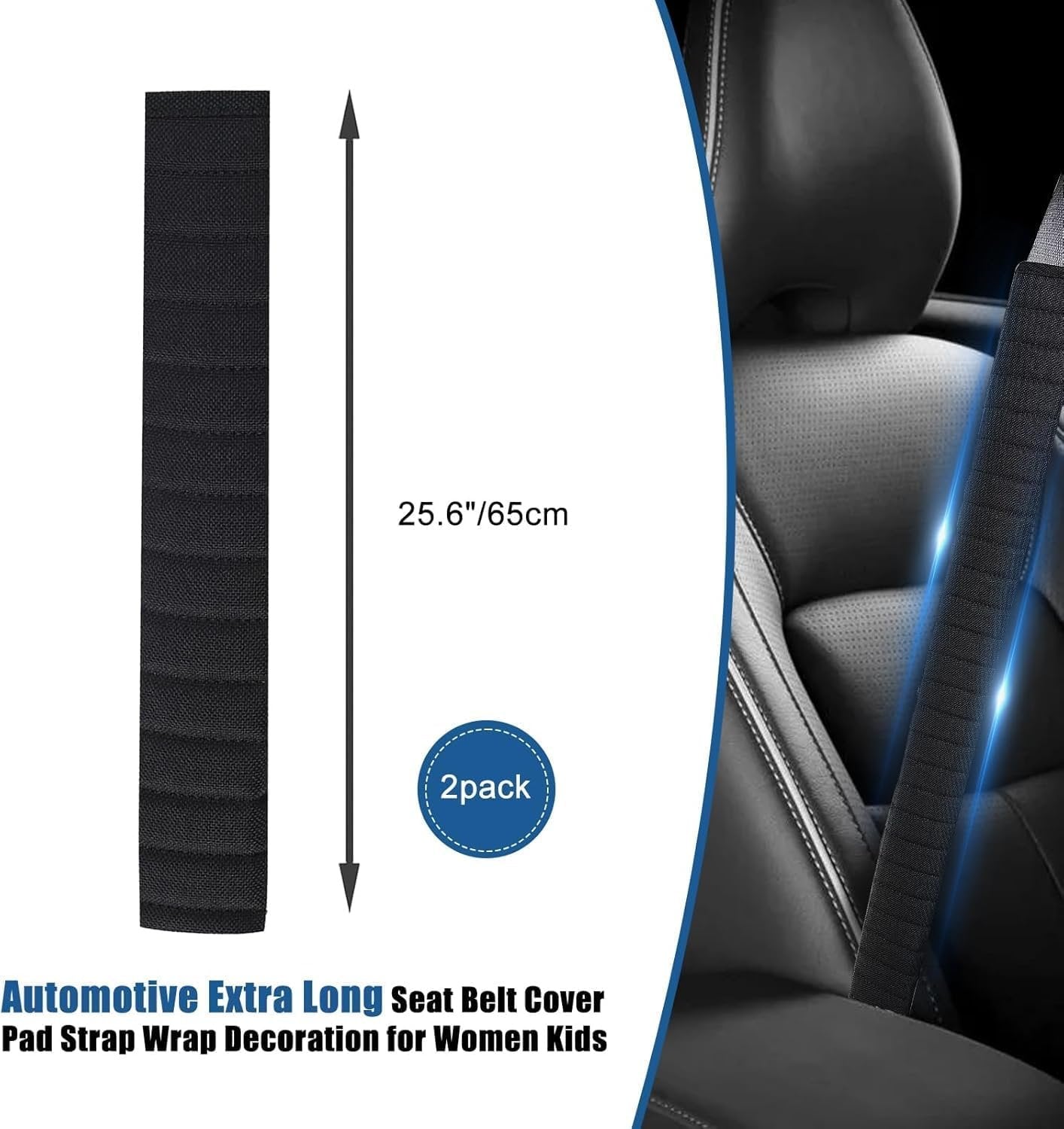 2Pcs Extra Long Seat Belt Covers for Adults,60cm Seatbelt Cover,Car Seat Belt Strap Cushion,Shoulder Pad Protector,Car Decorations for Women Men,Auto Interior Accessories (Black, 60cm)