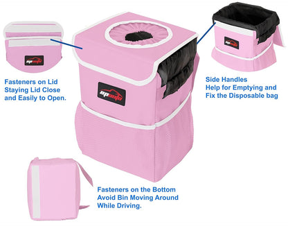 EPAuto Car Trash Can with Lid and Storage Pockets, Pink