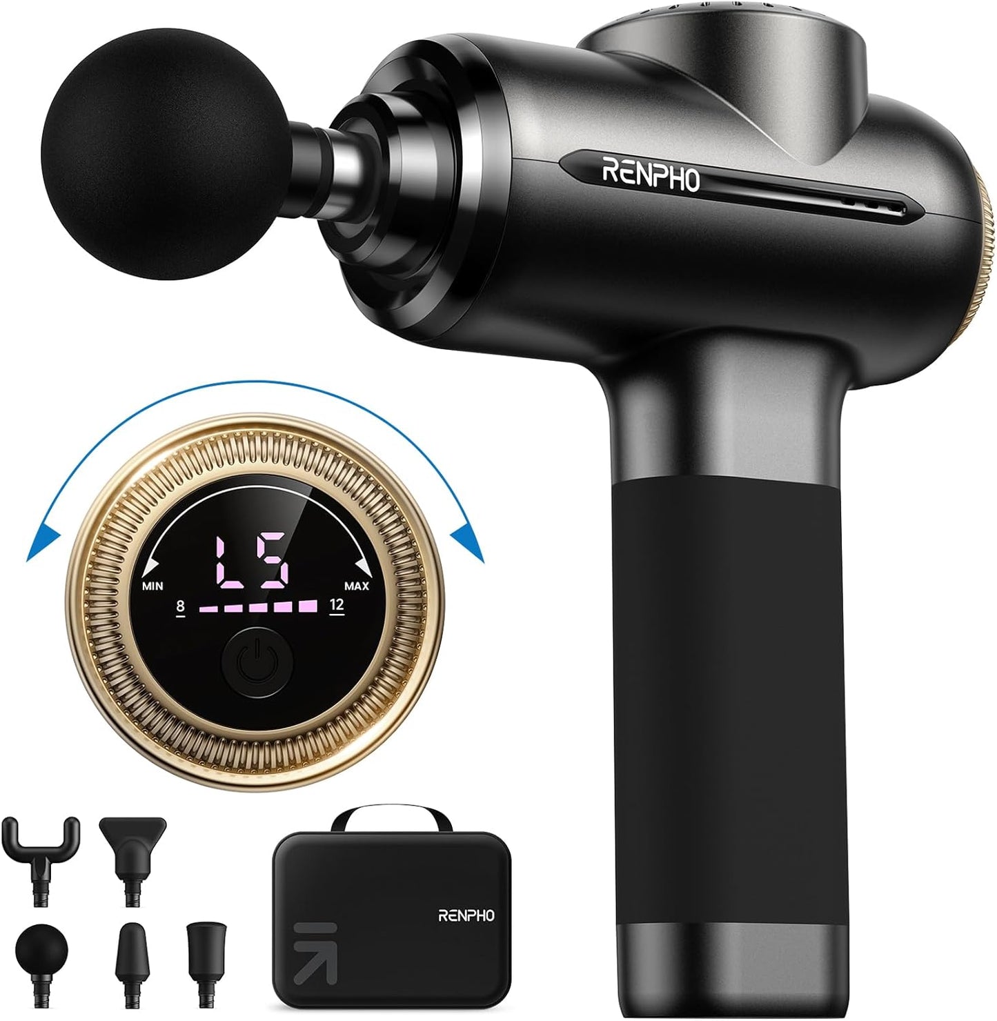 RENPHO Massage Gun with 8-12mm Adjustable Amplitude, Handheld Percussion Deep Tissue Muscle Massager with Portable Travel Case for Athletes Men Women Gifts, Active EVO