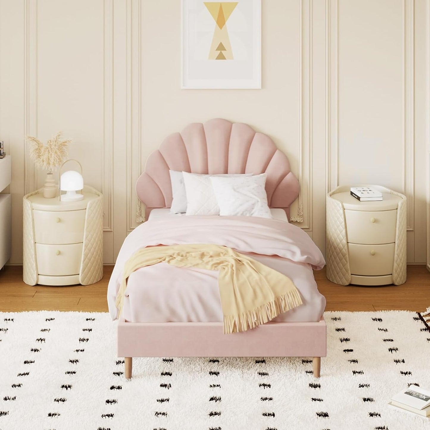 Oikiture Bed Frame Single with Scallop-Shape BedHead Pink Velvet Single Bed