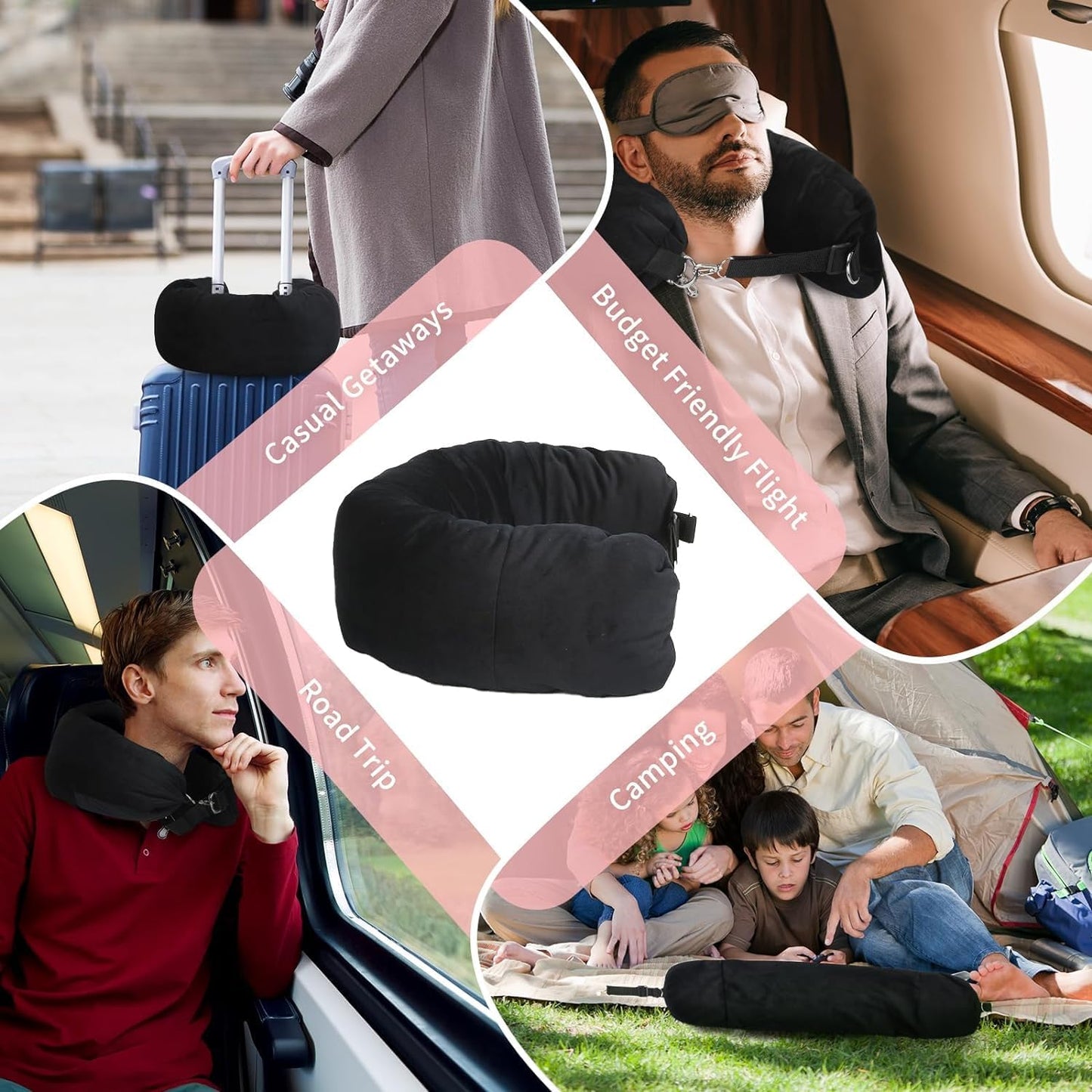 Stuffable Travel Pillow, Comfortable Neck Pillow with Snap Strap, Multi-Functional Travel Neck Pillow with Clothes Storage, Stuffable Travel U-shaped pillow, Fillable Portable Neck Pillow Case (BK)
