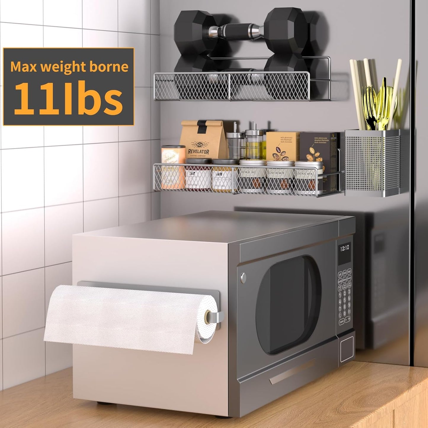 Magnetic Spice Rack for Refrigerator, 6 Pack 100% Metal Strong Magnet Shelf, Space Saving Spice Organizer, Home Kitchen Laundry Room Storage Organization W/ Paper Towel Holder, Utensils Racks (Grey)