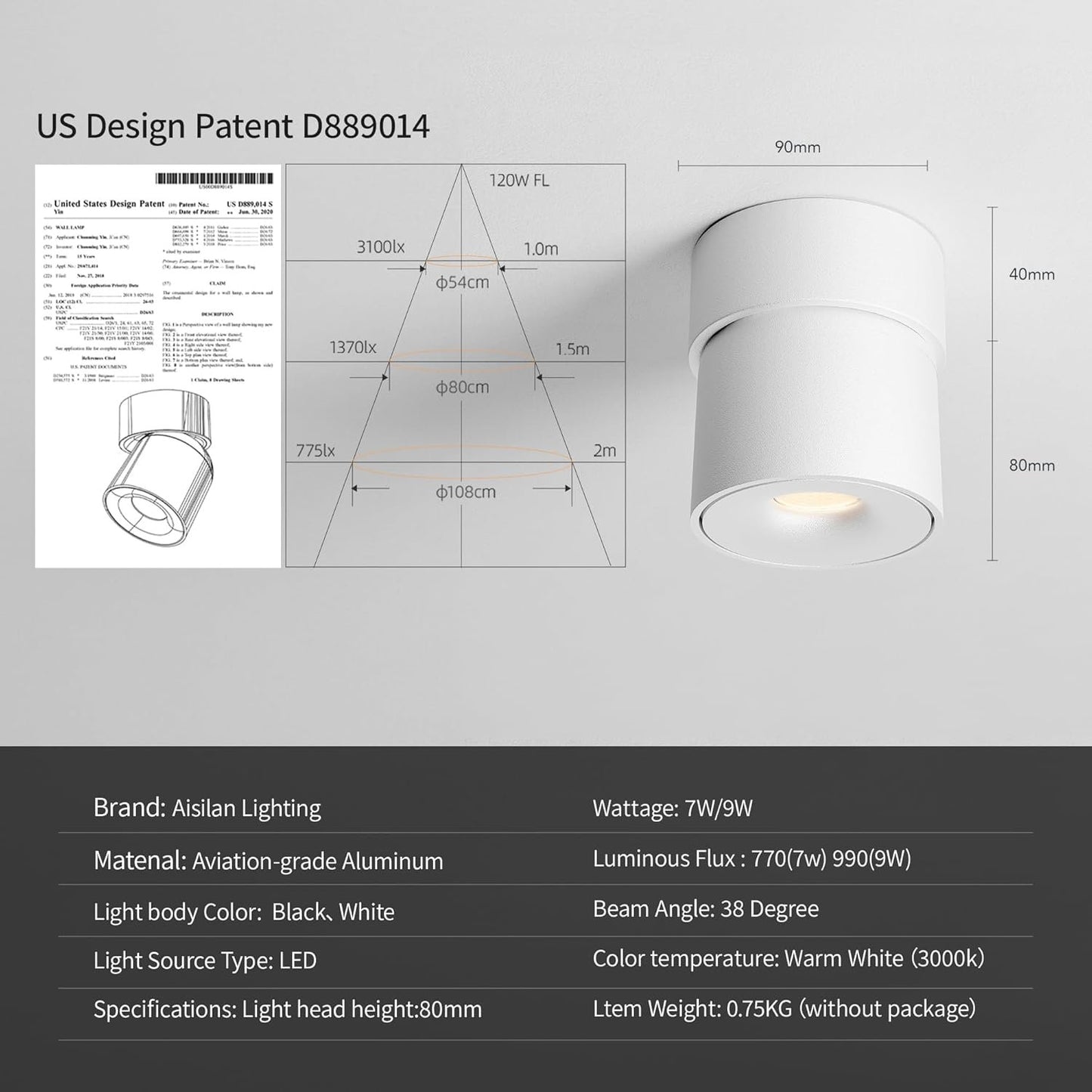 Aisilan LED Ceiling Spot Lights Indoor Dimmable 2 Pack - Upgrade Your Living Room or Bedroom with Adjustable Modern Wall Spot Light, 9W White Directional Accent Light, Warm White CRI 97