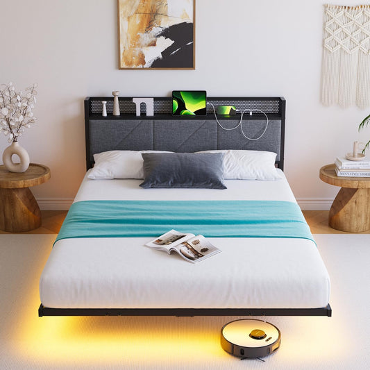 HOMERECOMMEND Floating Full Bed Frame with Storage Headboard and LED Lights,Double Bed Frame with Charging Station,Upholstered Platform Full Size Bed with Storage,No Box Spring Needed,Black