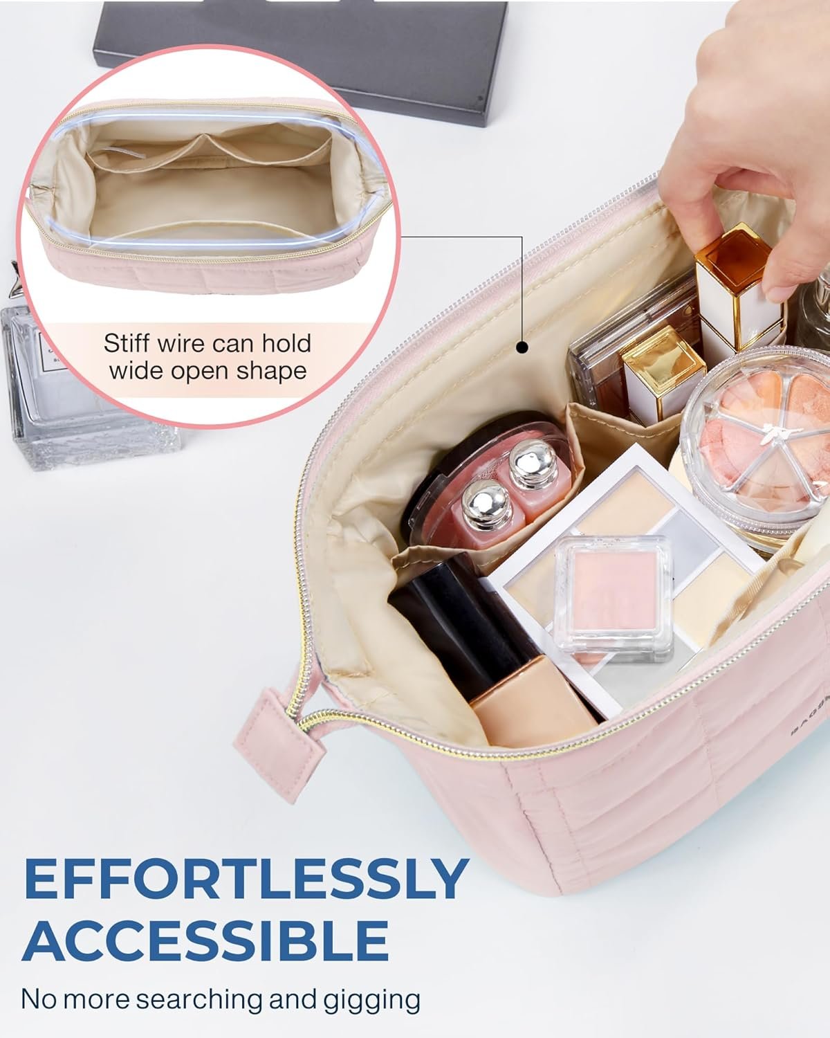 BAGSMART Makeup Bag Travel Cosmetic Bag, Puffy Padded Make Up Bags for Women Large Capacity Makeup Organizer Case, Wide-Open Pouch Purse Travel Essentials Toiletries Accessories Brushes, Pink