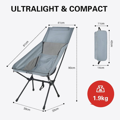 XIULIUU Lightweight Folding Camping Chairs, Portable Camping Chair with Storage Bag, Ultralight Backpacking Chair for Outdoor Camp Travel Beach Picnic Festival Hiking, Supports 150kg (Grey, Large)