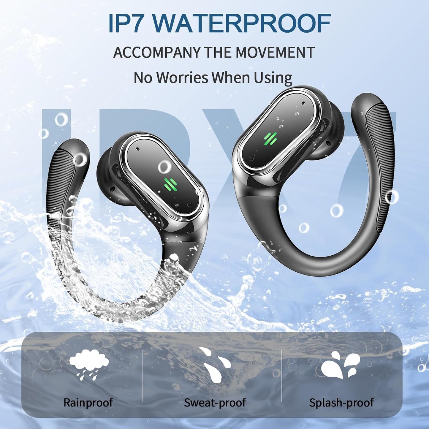 Wireless Earbuds, Bluetooth 5.4 Headphones Sport, LED Display Bluetooth Earbuds with ENC Noise Canceling Mic, 50H Stereo Wireless Headphones with Earhooks, IP7 Waterproof Ear Buds for Running/Workout