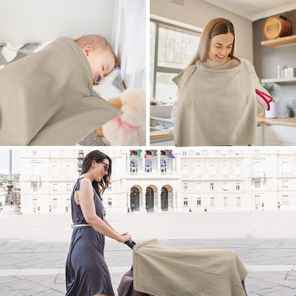YCHWFF Muslin Nursing Cover for Baby Breastfeeding, Breathable Privacy Nursing Cover with Arch Neckline for Mom,Multi-use Nursing Apron (Wheat)
