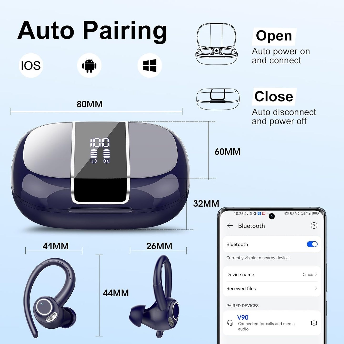 Wireless Earbuds, Bluetooth 5.3 Headphones Sport, Bluetooth Earbuds with ENC Mic, HiFi Stereo Wireless Earphones, 48H Dual LED Display, IP7 Waterproof Ear Buds with Earhook for Running Deep Blue