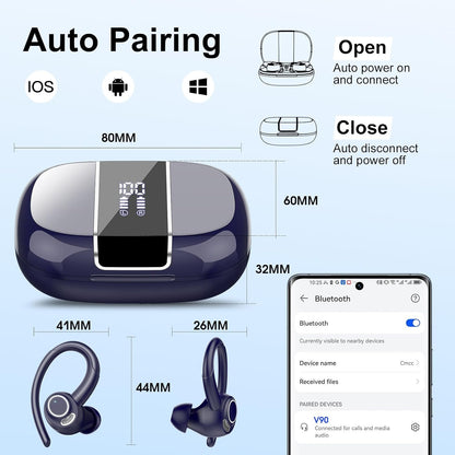 Wireless Earbuds, Bluetooth 5.3 Headphones Sport, Bluetooth Earbuds with ENC Mic, HiFi Stereo Wireless Earphones, 48H Dual LED Display, IP7 Waterproof Ear Buds with Earhook for Running Deep Blue
