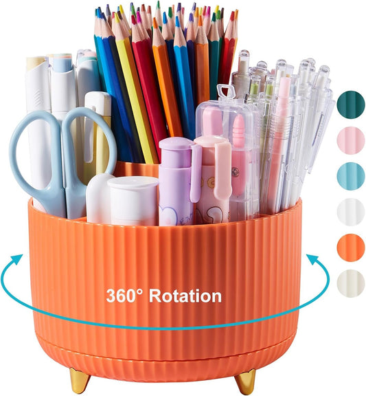 Lolocor Pen Holder for Desk - Pencil Organizer Makeup Brush Holder Cup Storage Pen Cups Stylish Marker Pen Organizer Makeup Brush Holder Desk Accessories Organizer for Home School Office Orange