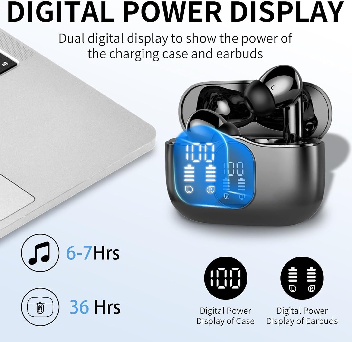 Wireless Earbuds, Bluetooth Headphones 5.4 HiFi Stereo, Wireless Earphones with ENC Noise Cancelling Mic, IP7 Waterproof in Ear Headphones, LED Digital Display Ear Buds, Touch Control, Black