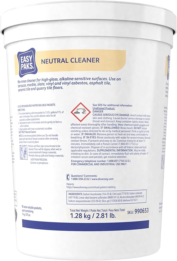 Diversey 990653 Easy Paks Neutral Cleaner, Cleans High Traffic Glossy Floors, Dissolving Pods with Pine Scent, 90-Paks, 1-Tub