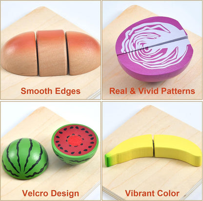 WHOHOLL Wooden Play Food for Kids Kitchen Playset, Play Kitchen Accessories Pretend Cutting Food Montessori Toys for 2+ Year Old with Basket, Toy Food Fruits Vegetables Gift for Fine Motor Skills
