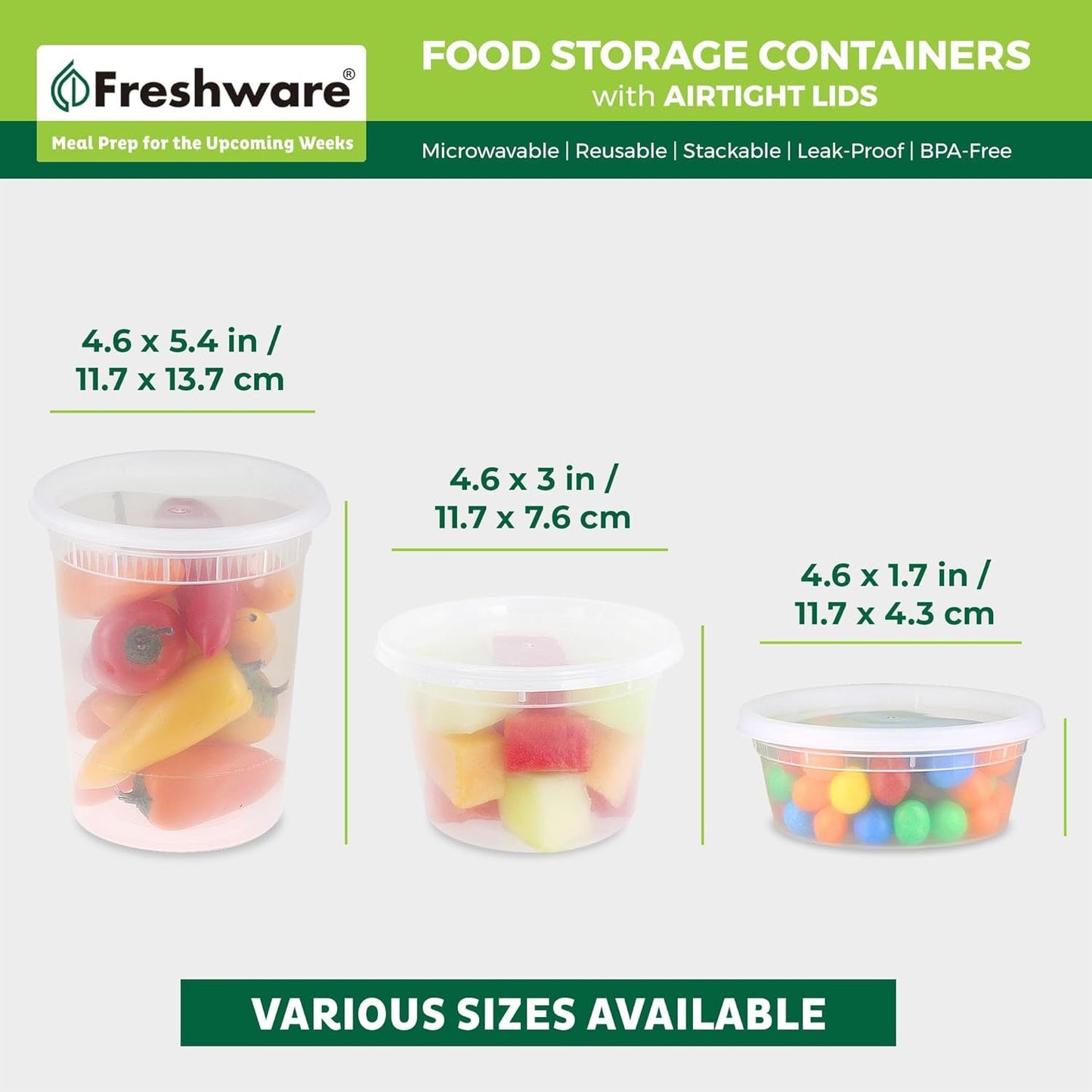Freshware Food Storage Containers with Lids [60 Pack] 8, 16, 32 oz, 20 sets each Plastic Deli Containers, Meal Prep Containers, Microwave and Freezer Safe, Stackable, Leakproof, BPA Free, Clear