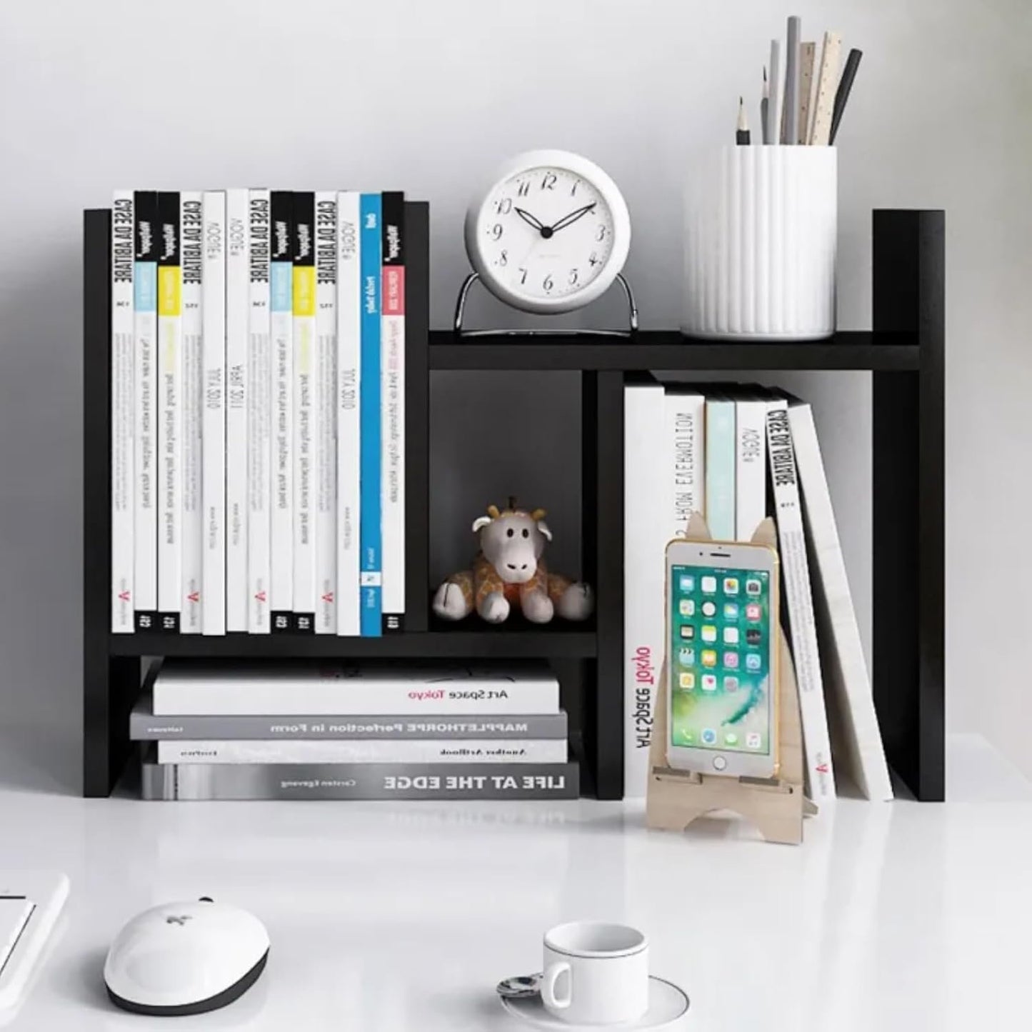 PowerKing Wood Desktop Organizer, Adjustable Desktop Bookshelf Display Shelf Rack for Home Office Desktop Storage Supplies Organization (Black)