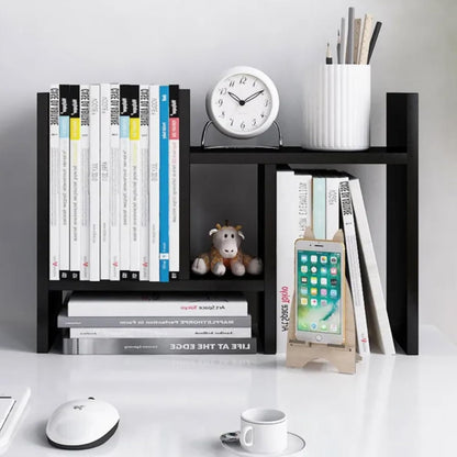 PowerKing Wood Desktop Organizer, Adjustable Desktop Bookshelf Display Shelf Rack for Home Office Desktop Storage Supplies Organization (Black)