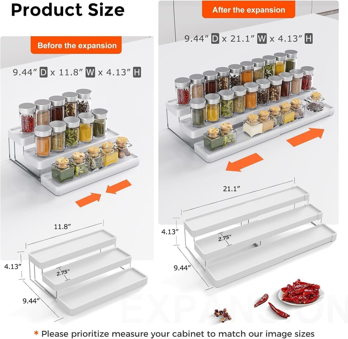 2 Pack Expandable Spice Rack Organizer for Cabinet - 3 Tier Adjustable Cabinet Spice Organizer Easy Visibility - Spice Organizer for Cabinet Countertop Cupboard Pantry Organization (White)