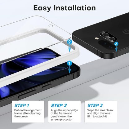 OMOTON 3+2 Pack for Google Pixel 9a Screen Protector, 3 Pack Tempered Glass Screen Protector with 2 Pack Camera Lens Protector for Pixel 9A 2025 Release, Case Friendly/Fingerprint Support