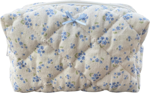 ZUNUONUO Cotton Quilted Makeup Bag Coquette Accessories Make up Bag Organizer Cute Floral Cosmetic Pouch Travel Makeup Bag for Women, Blue floral, Coquette