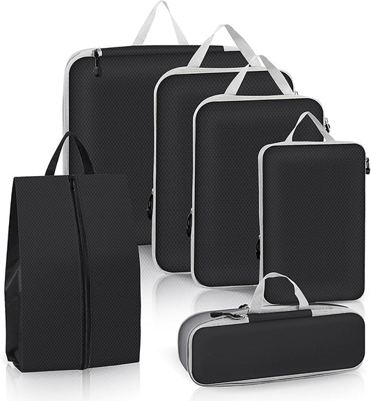Packing Cubes 6PCS Compression Packing Cubes Extensible Organizer Bags for Travel Suitcase Luggage Organization Organiser Set Travel Luggage Packing for Travel or Home Storage Black