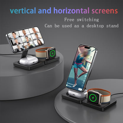 3 in 1 Wireless Charger Stand for Mag-Safe Charging, Foldable 15W Fast Magnetic Wireless Charging Stand for iPhone 16 15 14 13 12 Pro Max,AirPods,Apple Watch Series 10/Ultra 2/9/8/7/6/SE/5/4/3,Black