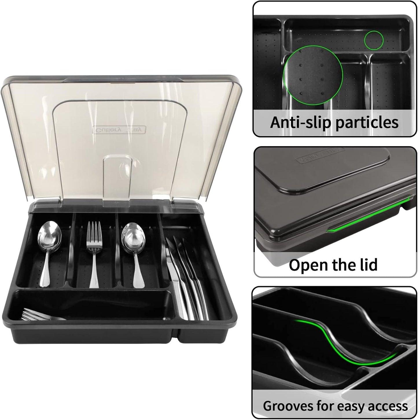 Gikecor Cutlery Organizer with Lid, Silverware Utensil Organizer for Kitchen Countertop, 5 Compartments Flatware Tray Drawer Organizer for Silverware