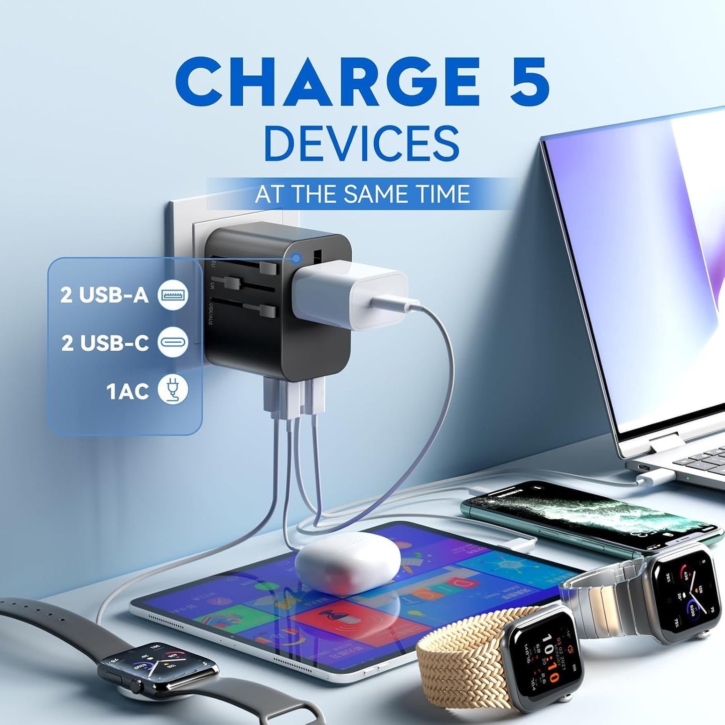 Universal Travel Adapter, International Travel Charger, Type A- Power Plug with 2 USB and Type-C PD, Fast Charging Adaptor for iPhone, Tablet, Gopro & Laptop, Black