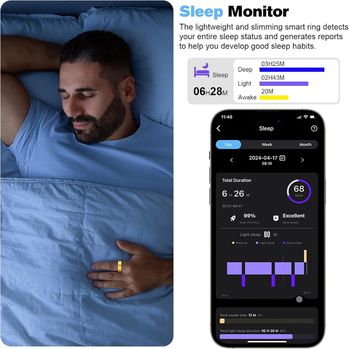 MagLoop Smart Ring Health Tracker for Men/Women,Fitness Ring Sleep Tracker,Fast Charging for Long-Lasting Use,for Pedometer Exercise,Monitor Sleep, Heart Rate, Stress,Waterproof (Gold, 8)