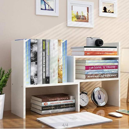 Wood Desktop Organizer, Adjustable Display Shelf Rack for Home Office Desktop Storage Supplies Organization (White)