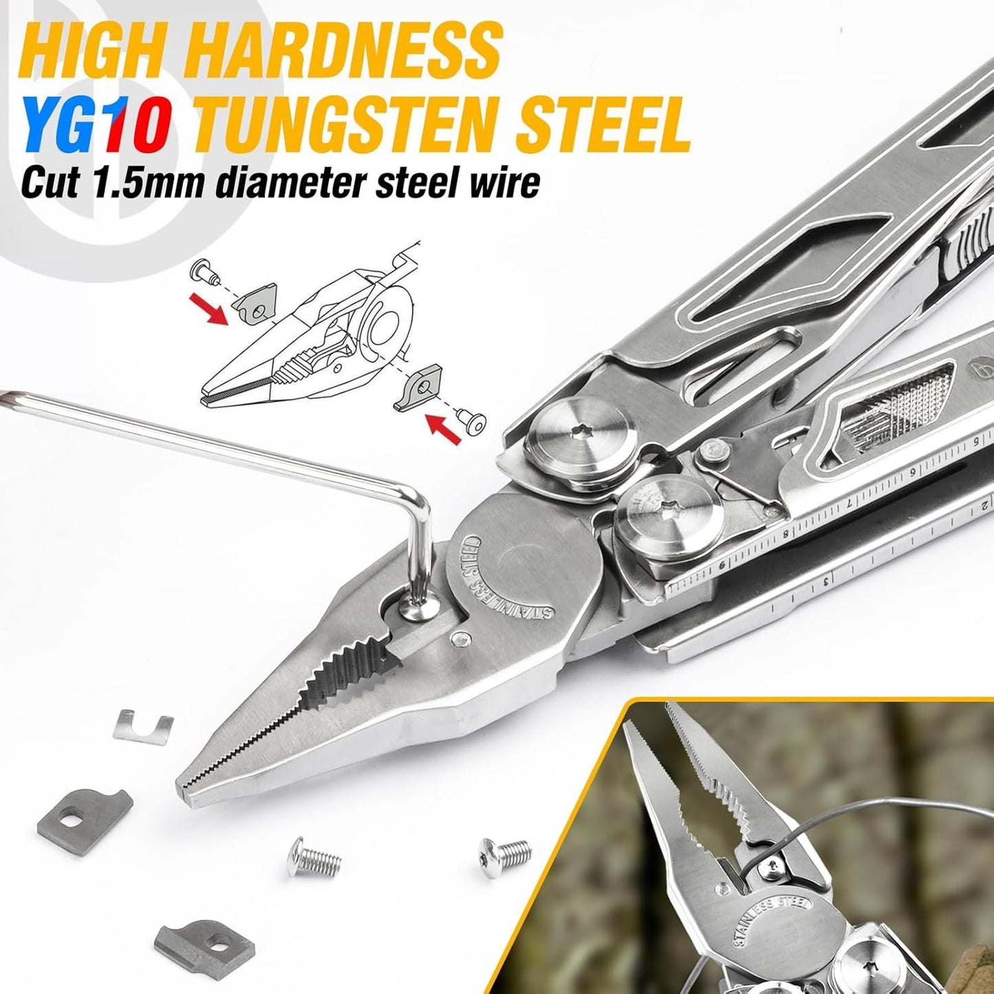 BIBURY Multitool Pliers, Stainless Steel Multi Tool Pliers with Replaceable Wire Cutters and Saw, Foldable Multitools with Scissors and Screwdriver, Ideal for Camping, Hiking, Survival, Gift for Him
